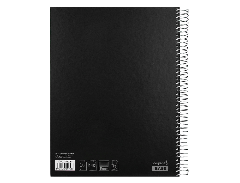 CAHIER SPIRALE LIDERPAPEL JOLLY COUVERTURE CONTRECOLLE A4 280P 75G/M2 5X5MM MICROPERFOR 4 TROUS COLORIS NOIR