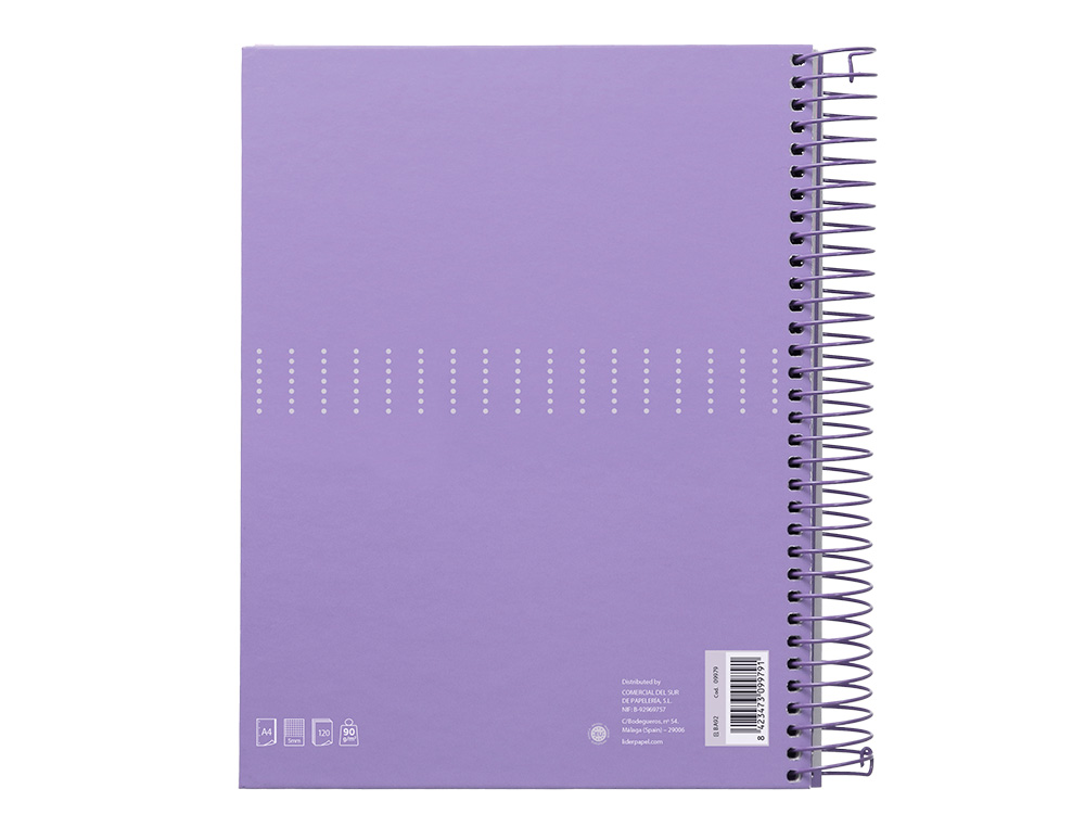 CAHIER SPIRALE LIDERPAPEL CRAFTY COUVERTURE CONTRECOLLE A4 240P 90G/M2 5X5MM MNICROPERFOR 4 TROUS COLORIS VIOLET