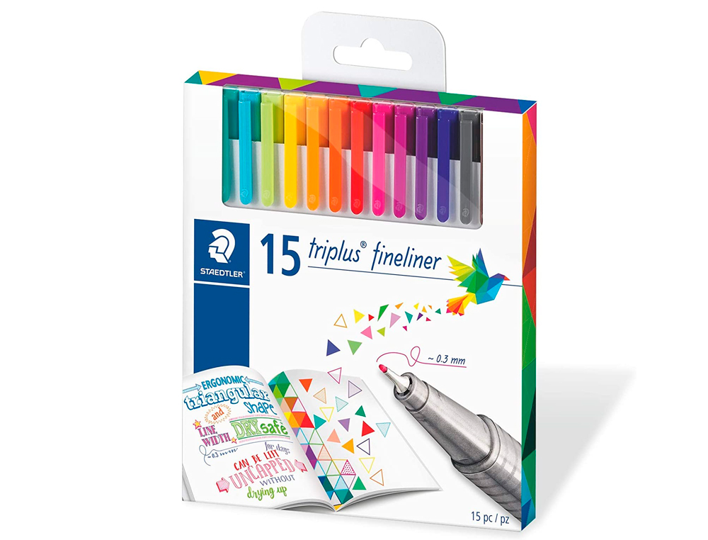 STYLO-FEUTRE STAEDTLER TRIPLUS FINELINER 334 POINTE SUPERFINE 0.3MM ENCRE DRY SAFE TUI CARTON 15 COLORIS ASSORTIS
