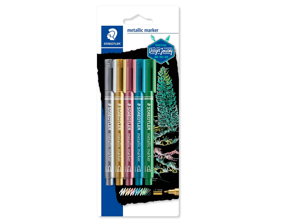 MARQUEUR STAEDTLER ENCRE MTALLIQUE BASE EAU EFFAABLE POINTE OGIVE TRAC 1.2MM COLORIS MTALLIQUES BLISTER 5 UNITS
