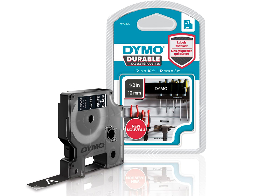 RUBAN DYMO D1 POLYESTER ADHSIF PERMANENT 12MMX3M BLANC/NOIR