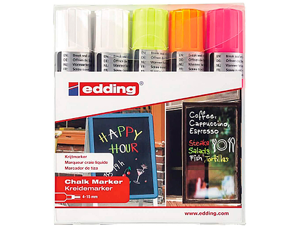 MARQUEUR EDDING CRAIE LIQUIDE E4090 FENÊTRE ARDOISE VERRE POINTE BISEAUTÉE TRACÉ 4/15MM ASSORTIS FLUOR POCHETTE 5 UNITÉS