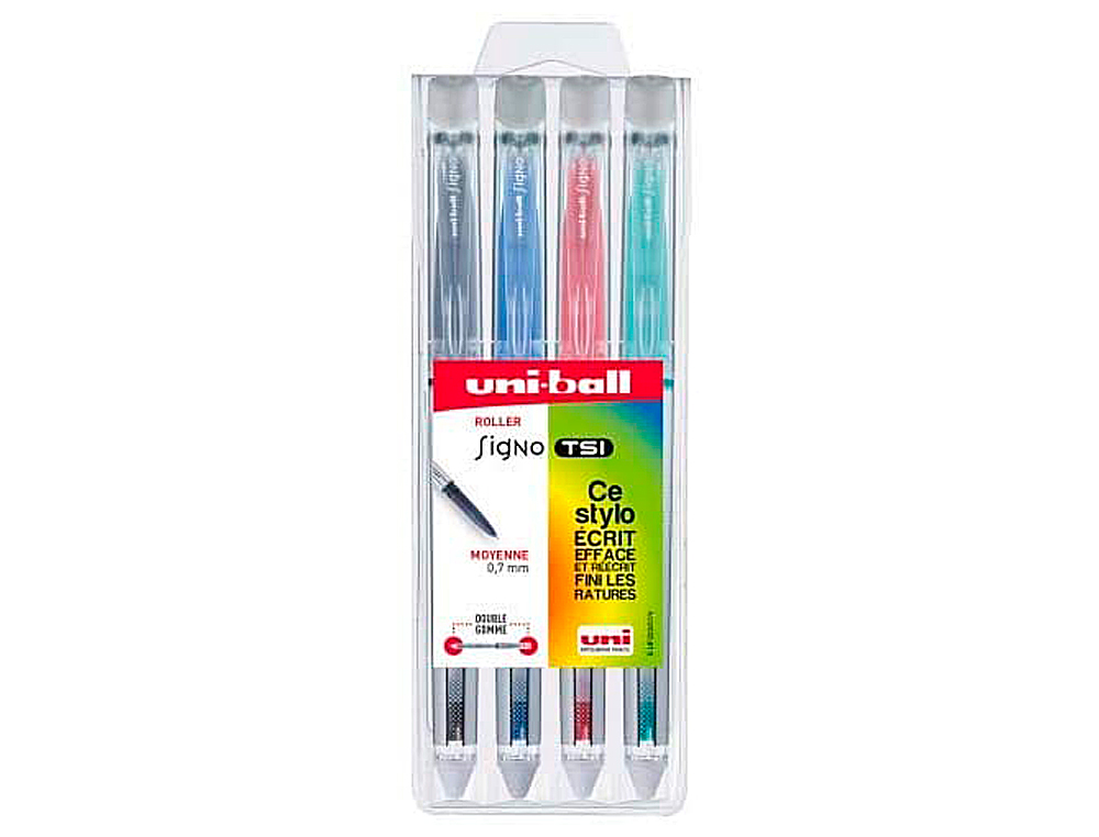 ROLLER UNIBALL SIGNO TSI ENCRE GEL EFFAABLE POINTE MOYENNE TRAC 0.7MM COLORIS CLASSIQUES ASSORTIS POCHETTE 4 UNITS