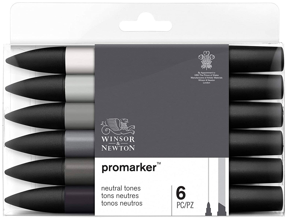 MARQUEUR PROFESSIONNEL W&N PROMARKER DOUBLE POINTE TONS NEUTRES GRIS FROID/NOIR SET 6 UNITS       0290154