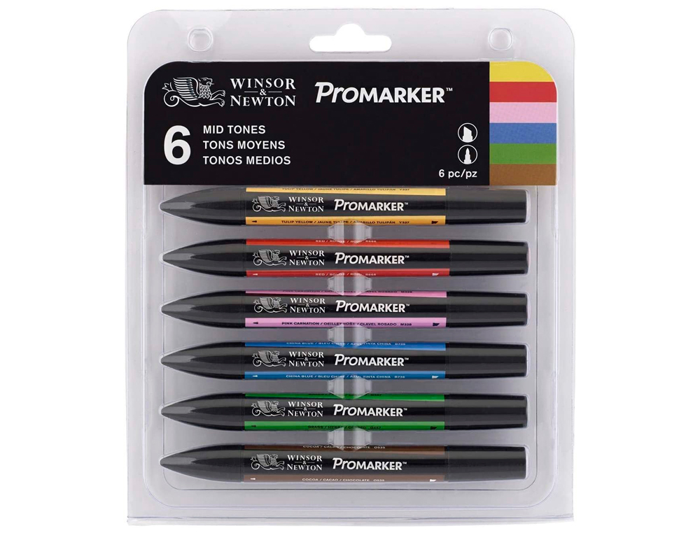 MARQUEUR PROFESSIONNEL W&N PROMARKER DOUBLE POINTE TONS MOYENS JAUNE/TULIPE/ROUGE/OEILLET ROSE/BLEU CHINE/CACAO 6 UNITS