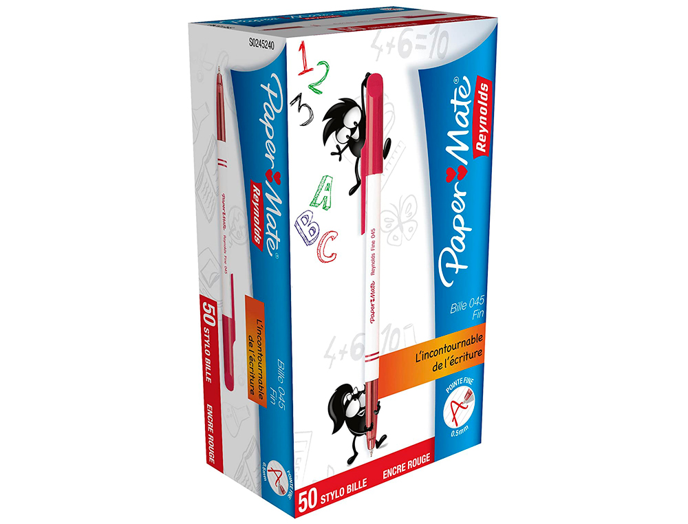 STYLO-BILLE PAPER MATE FINE CARBURE ET MEDIUM ÉCRITURE FINE 0.4MM ENCRE CLASSIQUE BILLE INDÉFORMABLE COULEUR ROUGE