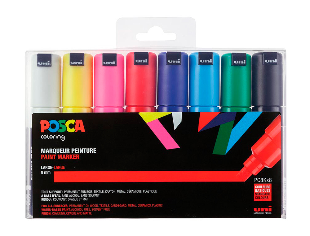 MARQUEUR POSCA PC8K GOUACHE ENCRE INODORE TOUTES SURFACES POINTE LARGE BISEAUTE ASSORTIMENT TUI 8 UNITS