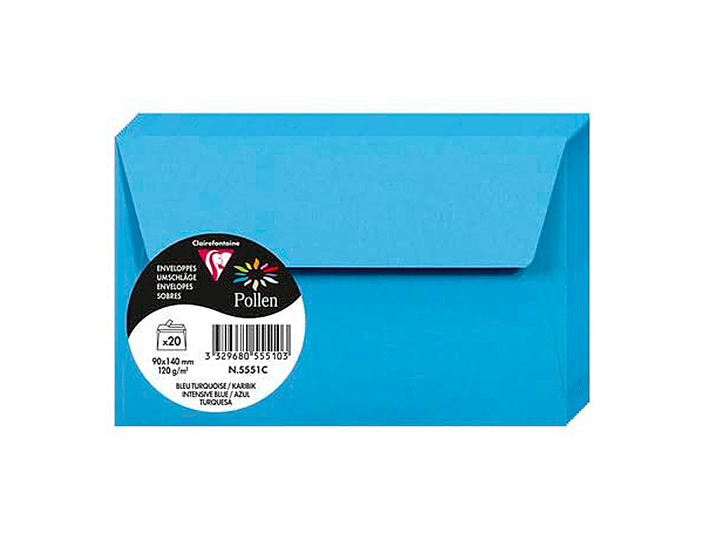 ENVELOPPE CLAIREFONTAINE POLLEN 90X140MM 120G COLORIS BLEU TURQUOISE PAQUET 20 UNITS