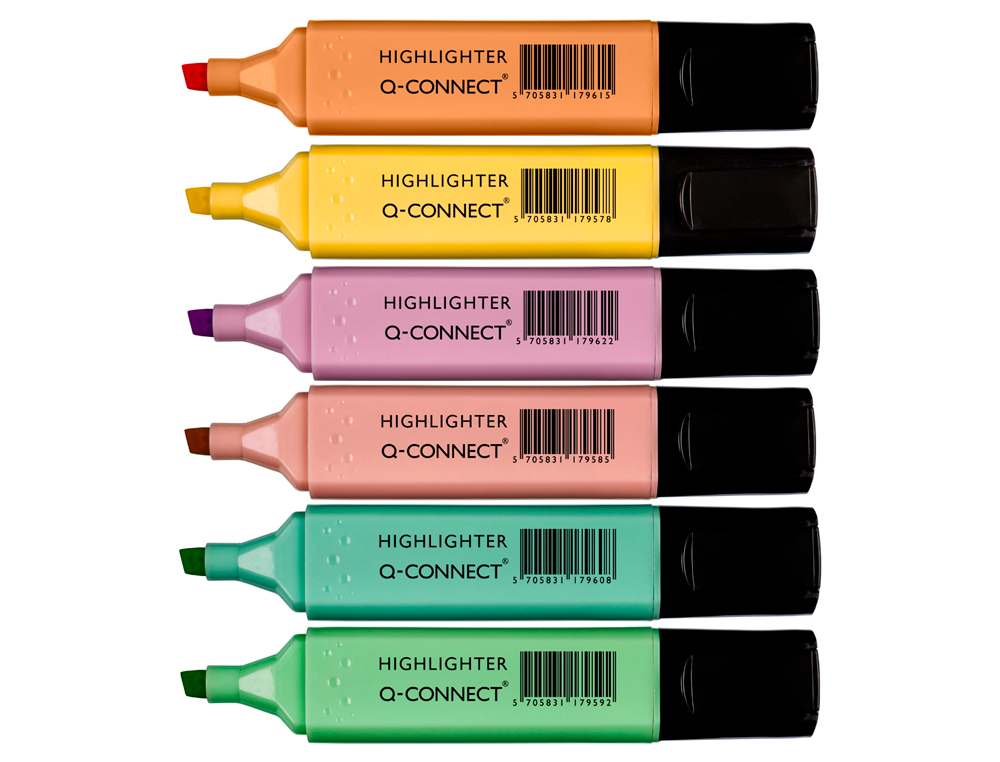 SURLIGNEUR Q-CONNECT PASTEL TRACÉ 2/5MM POINTE BISEAUTÉE POCHETTE 6 UNITÉS COLORIS JAUNE ROSE ORANGE VERT BLEU VIOLET