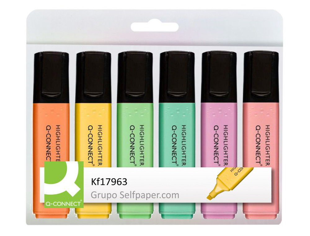 SURLIGNEUR Q-CONNECT PASTEL TRACÉ 2/5MM POINTE BISEAUTÉE POCHETTE 6 UNITÉS COLORIS JAUNE ROSE ORANGE VERT BLEU VIOLET