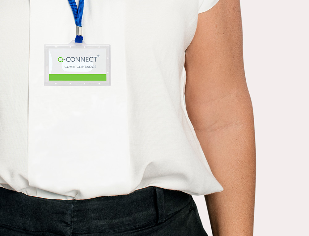 BADGE Q-CONNECT LACET PLASTIQUE RIGIDE CONGRS FOIRES ENTREPRISES INTRIEUR CARTE BLANCHE CORDON  94X60 MM