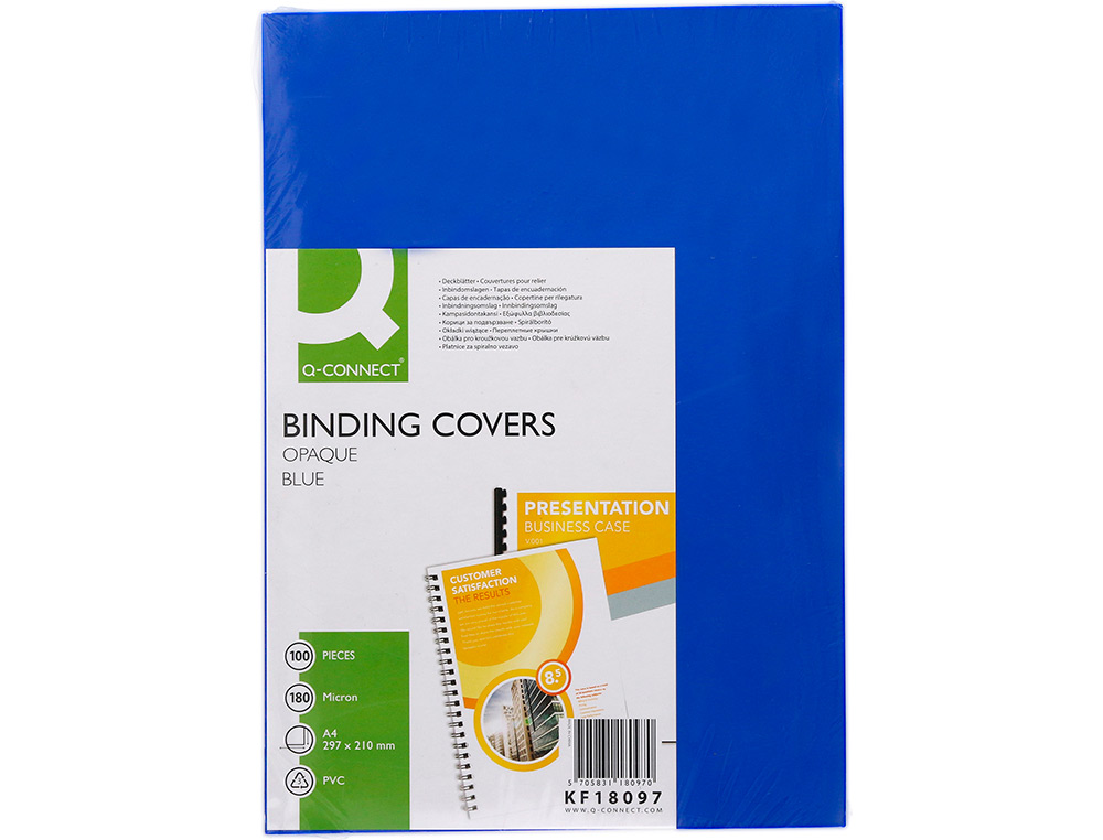 PLAT COUVERTURE Q-CONNECT PVC 180 MICRONS A4 RELIEURS SPIRALES PEIGNES ANNEAUX COLORIS BLEU BOTE 100 UNITS
