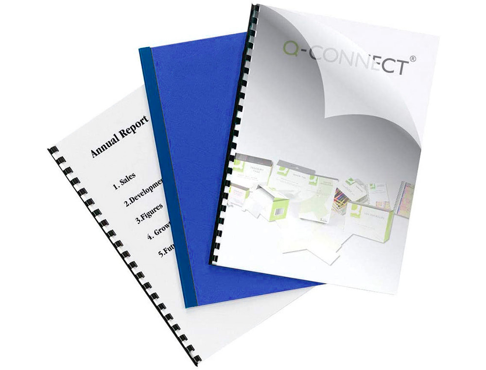 PLAT COUVERTURE Q-CONNECT PVC 180 MICRONS A4 RELIEURS SPIRALES PEIGNES ANNEAUX COLORIS BLEU BOTE 100 UNITS