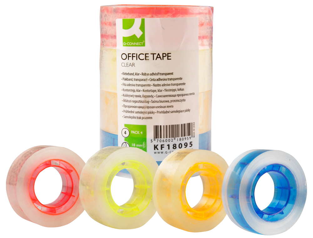 RUBAN ADHESIF Q-CONNECT AVEC MANDRIN DE COULEUR 18MMX25M PACK DE 4 COULEURS ASSORTIES