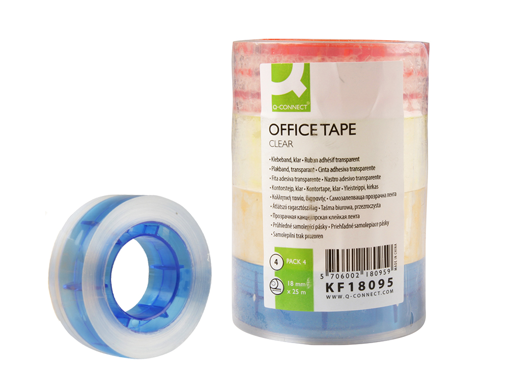 RUBAN ADHESIF Q-CONNECT AVEC MANDRIN DE COULEUR 18MMX25M PACK DE 4 COULEURS ASSORTIES