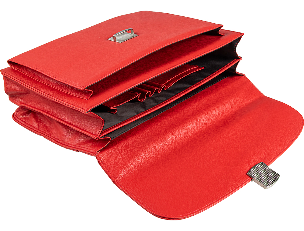 PORTE-DOCUMENTS Q-CONNECT 3 COMPARTIMENTS POIGNEE IMITATION CUIR SERRURE METALLIQUE 39X28x11,5CM COLORIS ROUGE
