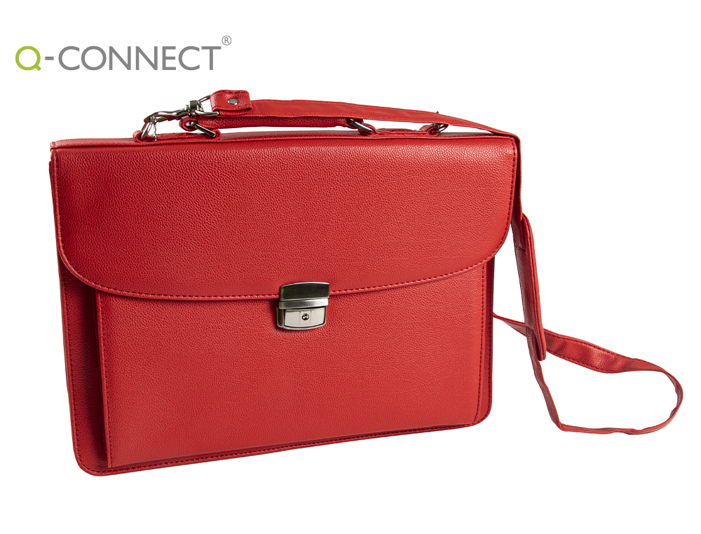 PORTE-DOCUMENTS Q-CONNECT 3 COMPARTIMENTS POIGNEE IMITATION CUIR SERRURE METALLIQUE 39X28x11,5CM COLORIS ROUGE