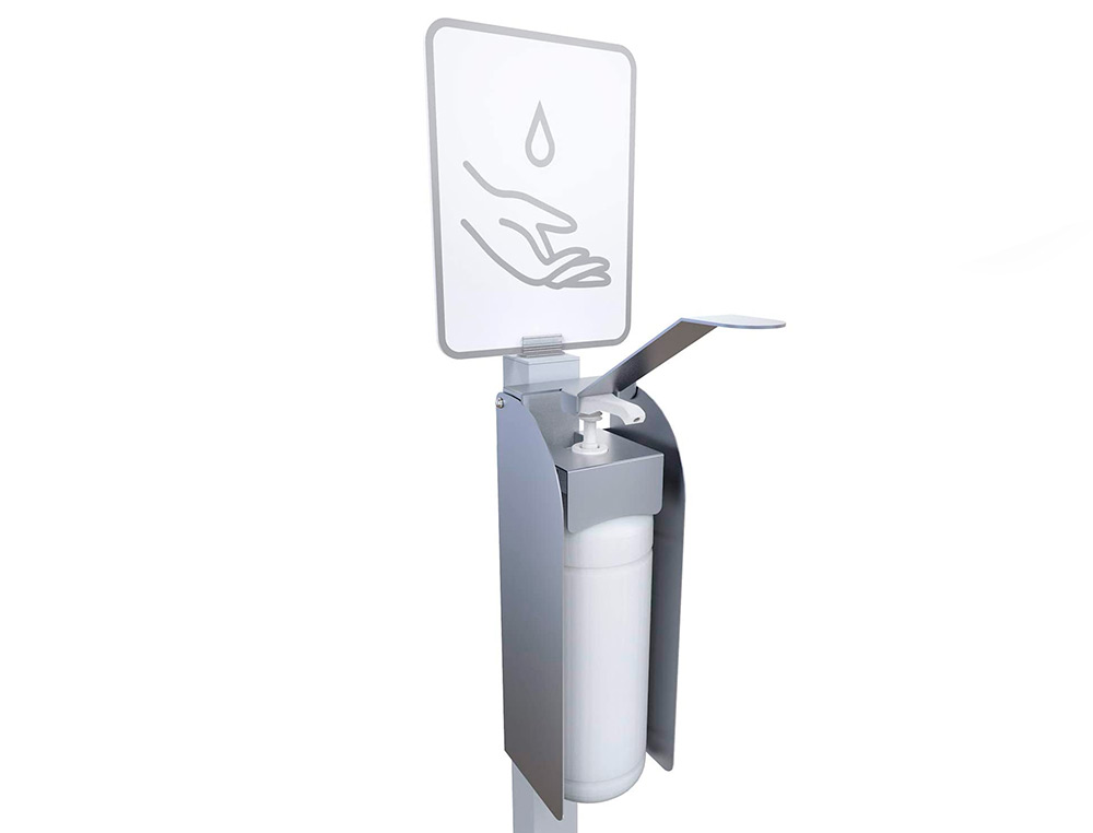 BORNE DE DESINFECTION HPS AVEC DISTRIBUTEUR DE GEL      HYDROALCOOLIQUE ACIER CORPS   ABS COLORIS BLANC