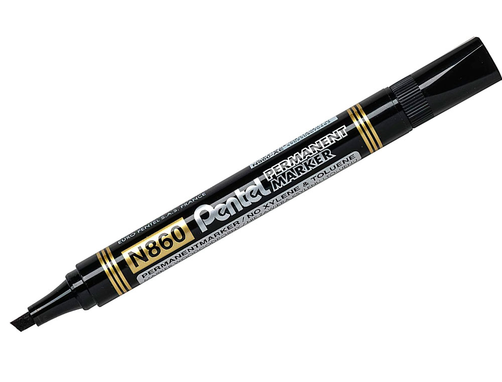 MARQUEUR PERMANENT PENTEL N860 POINTE BISEAUTEE MOYENNE ENCRE INDELEBILE POCHETTE 4   UNITES NOIR BLEU VERT ROUGE