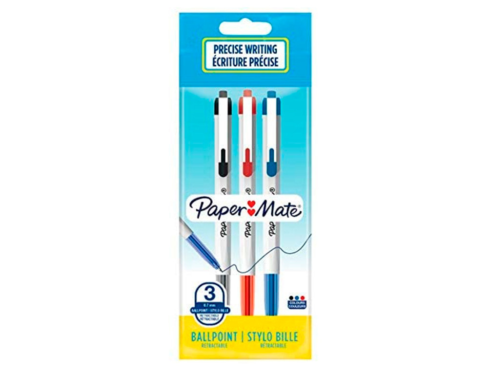 STYLO-BILLE PAPER MATE 046 RT RETRACTABLE POINTE MOYENNE 0,7MM SACHET 3 UNITES ASSORTIES NOIR BLEU ROUGE