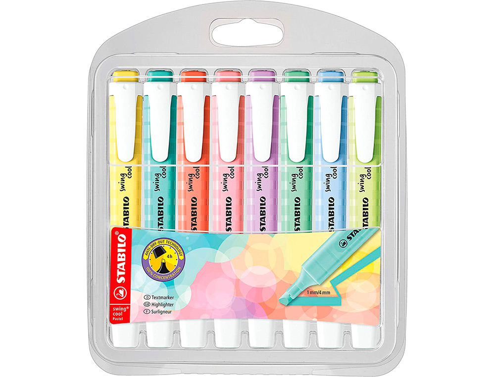 SURLIGNEUR STABILO SWING COOL PASTEL EDITION FORMAT STYLO   POINTE BISEAUTEE TRACE 1/4MM  POCHETTE 8 UNITES