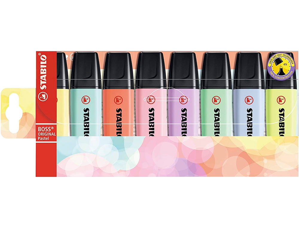 SURLIGNEUR STABILO BOSS ORIGINAL PASTEL ENCRE BASE    EAU POINTE BISEAUTEE LARGEUR  TRACE 2/5MM POCHETTE 8 UNITES