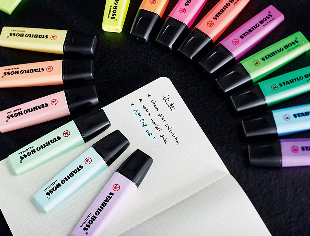 SURLIGNEUR STABILO BOSS ORIGINAL PASTEL ENCRE BASE    EAU POINTE BISEAUTEE LARGEUR  TRACE 2/5MM POCHETTE 8 UNITES