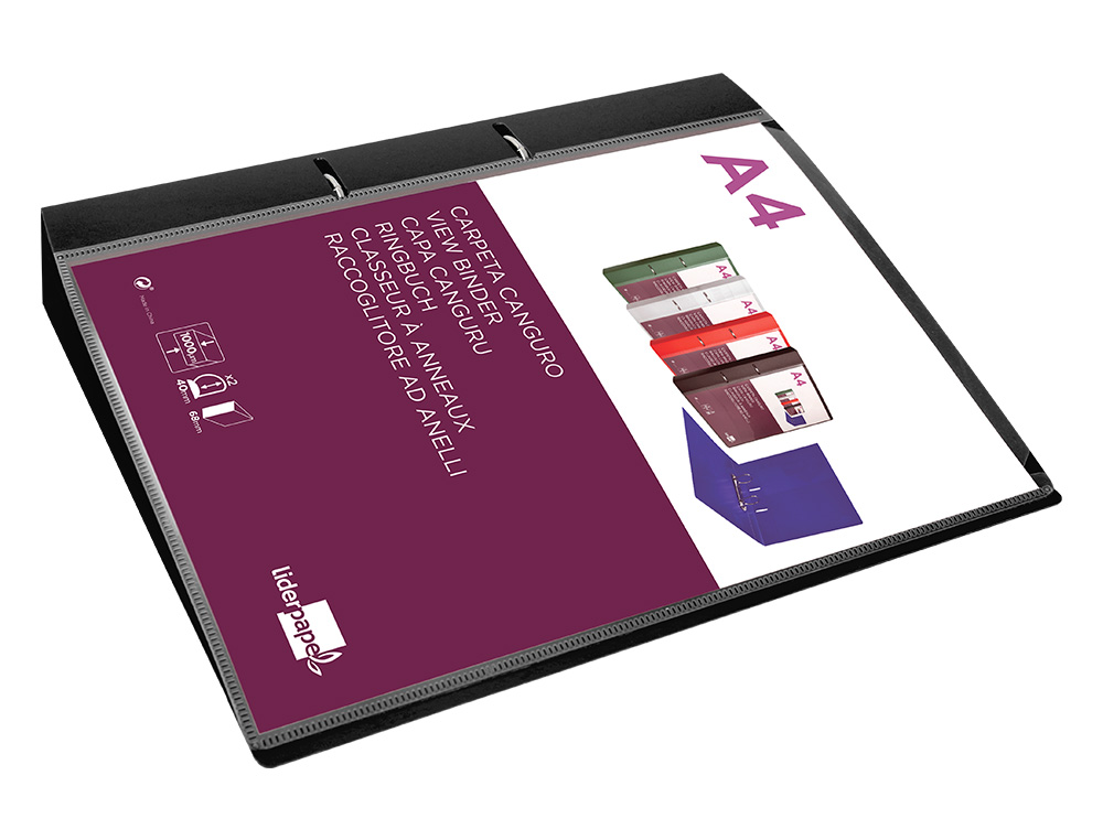 CLASSEUR KANGOUROU LIDERPAPEL 2 ANNEAUX EN D 40MM POLYPROPYLENE 283X320MM DOCUMENT A4 COLORIS NOIR