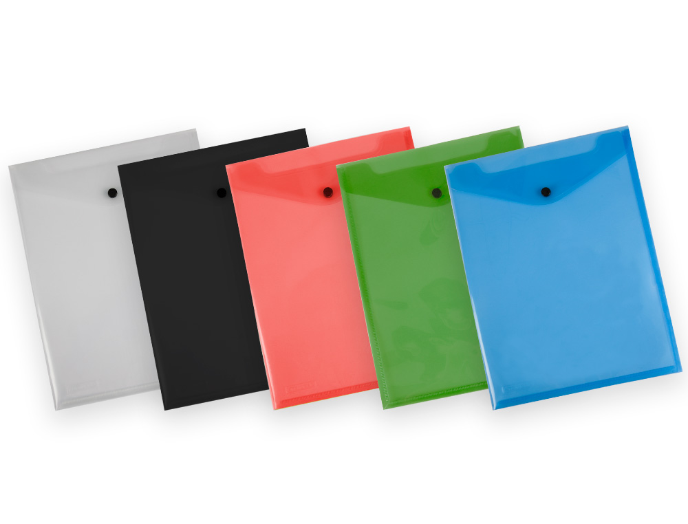 POCHETTE ENVELOPPE LIDERPAPEL POLYPROPYLENE 180 MICRONS A4 297X210MM AVEC SOUFFLET 300F FERMETURE BOUTON NOIR OPAQUE