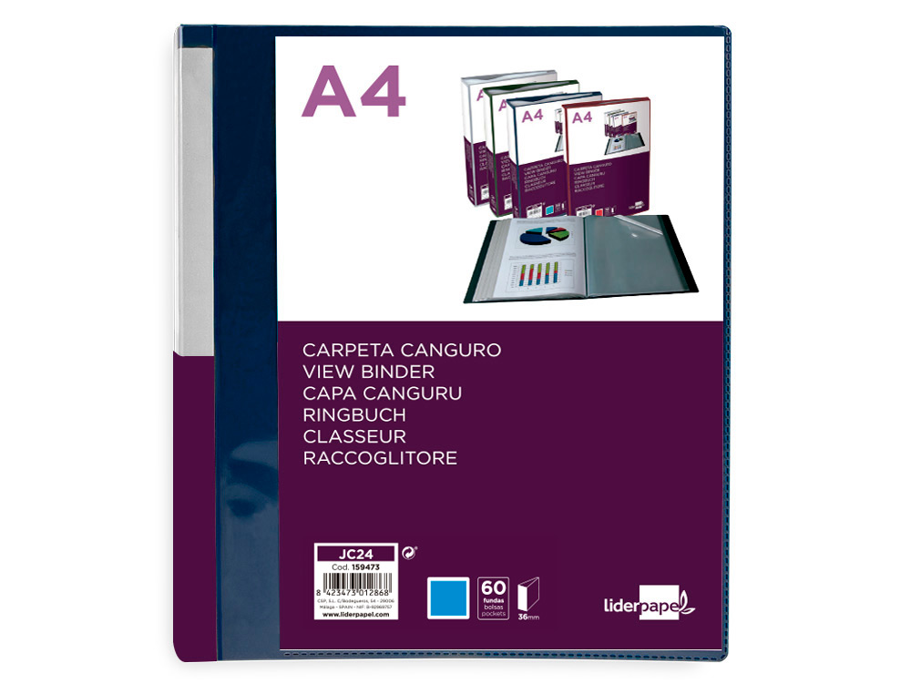 PROTEGE-DOCUMENTS LIDERPAPEL PERSONNALISABLE KANGOUROU POLYPROPYLENE 60 POCHETTES FIXES A4 COLORIS BLEU