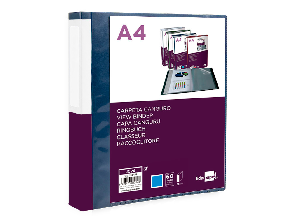 PROTEGE-DOCUMENTS LIDERPAPEL PERSONNALISABLE KANGOUROU POLYPROPYLENE 60 POCHETTES FIXES A4 COLORIS BLEU
