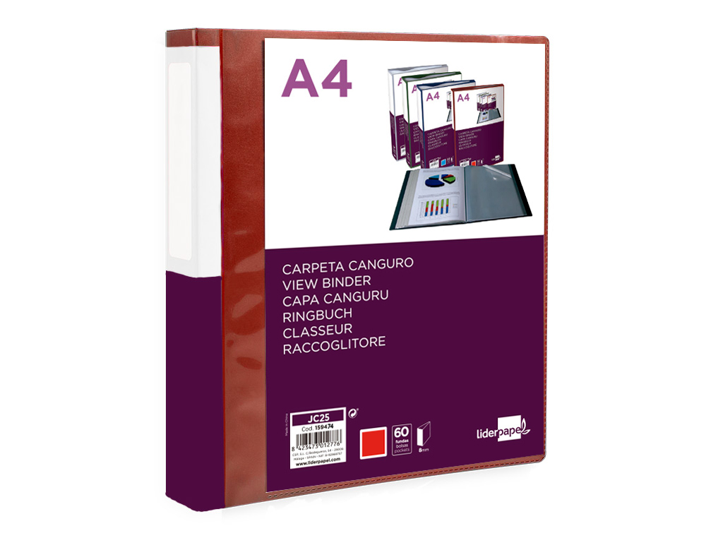 PROTEGE-DOCUMENTS LIDERPAPEL PERSONNALISABLE KANGOUROU POLYPROPYLENE 60 POCHETTES FIXES A4 COLORIS ROUGE
