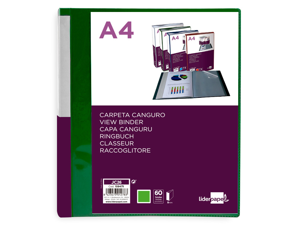 PROTEGE-DOCUMENTS LIDERPAPEL PERSONNALISABLE KANGOUROU     POLYPROPYLENE 60 POCHETTES    FIXES A4 COLORIS VERT