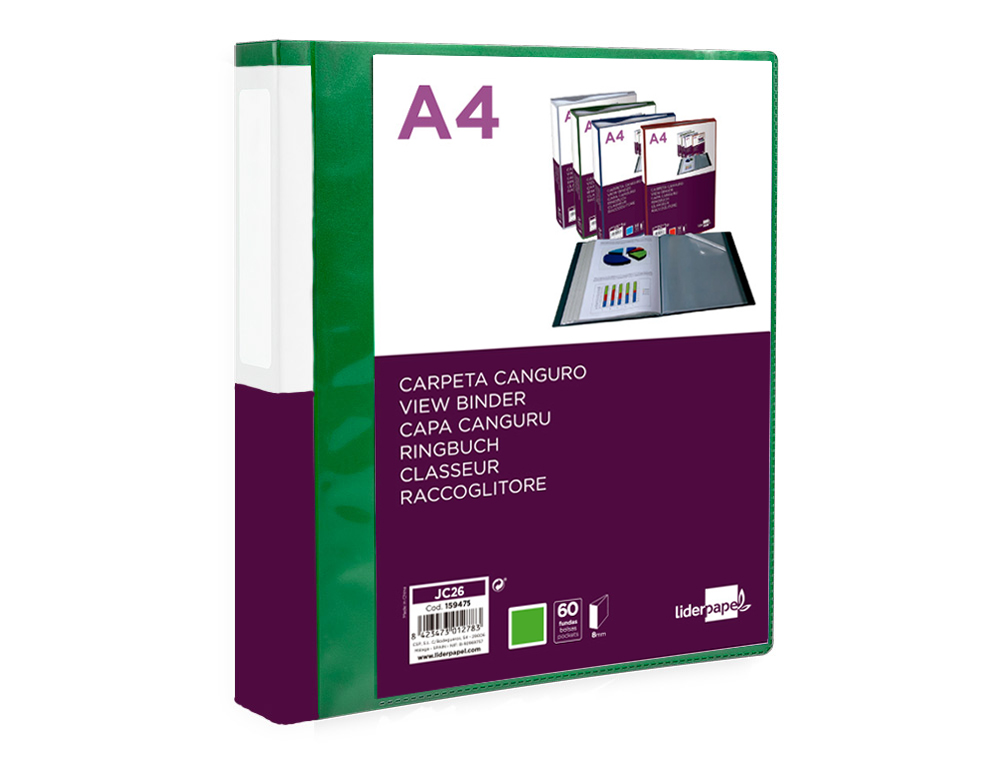 PROTEGE-DOCUMENTS LIDERPAPEL PERSONNALISABLE KANGOUROU     POLYPROPYLENE 60 POCHETTES    FIXES A4 COLORIS VERT