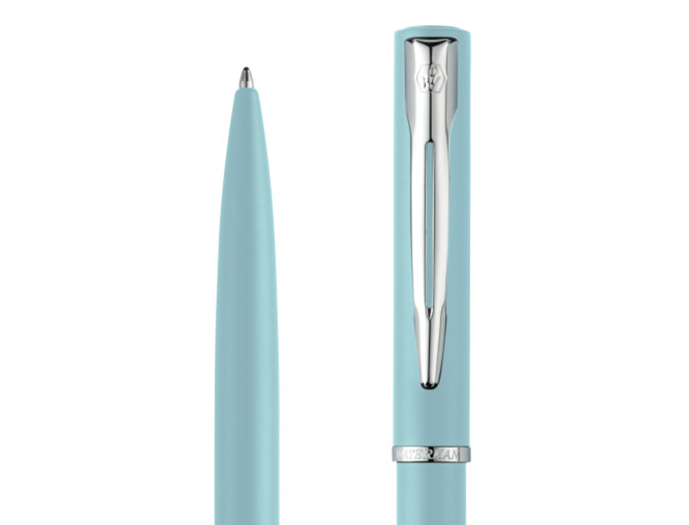 STYLO-BILLE WATERMAN ALLURE PASTEL POINTE M CAPUCHON CLIP ATTRIBUTS CHROMES COFFRET     CADEAU BLEU PASTEL