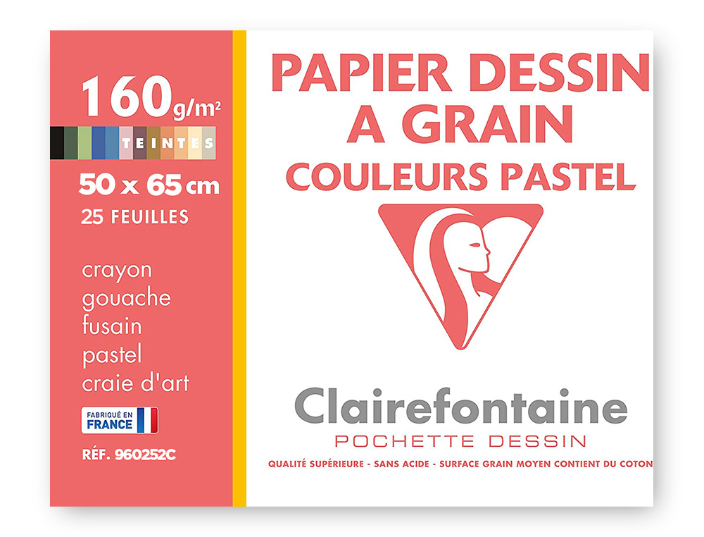 PAPIER DESSIN CLAIREFONTAINE A GRAIN 160G 1 SURFACE        GRAINEE 1 LISSE 50X65CM       PAQUET 24F COLORIS PASTEL 24
