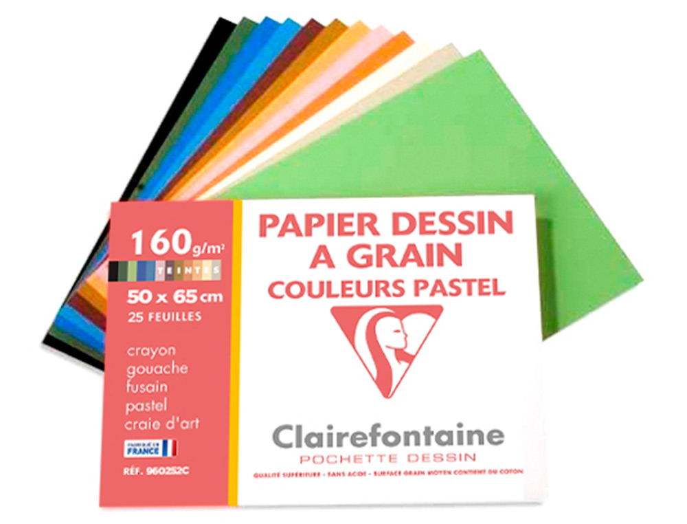 PAPIER DESSIN CLAIREFONTAINE A GRAIN 160G 1 SURFACE        GRAINEE 1 LISSE 50X65CM       PAQUET 24F COLORIS PASTEL 24