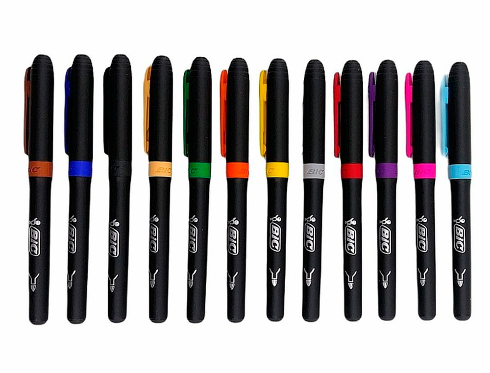 12 FEUTRES BIC CORPS NOIR GRIP CAOUTCHOUC CAPUCHON VENTILE COULEUR DE L'ENCRE