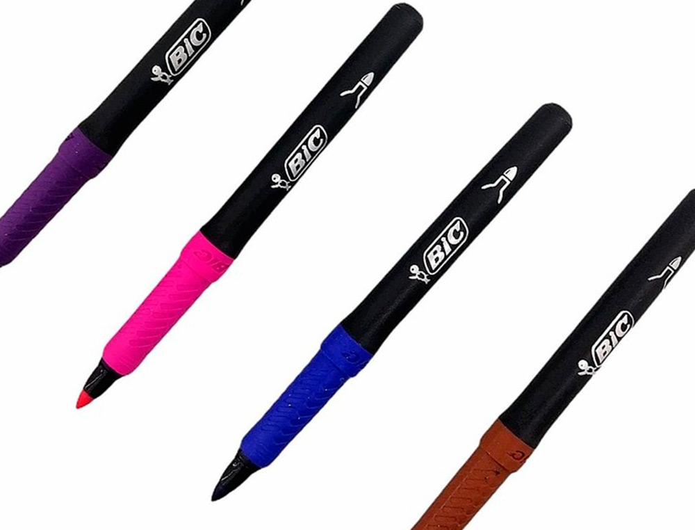 12 FEUTRES BIC CORPS NOIR GRIP CAOUTCHOUC CAPUCHON VENTILE COULEUR DE L'ENCRE