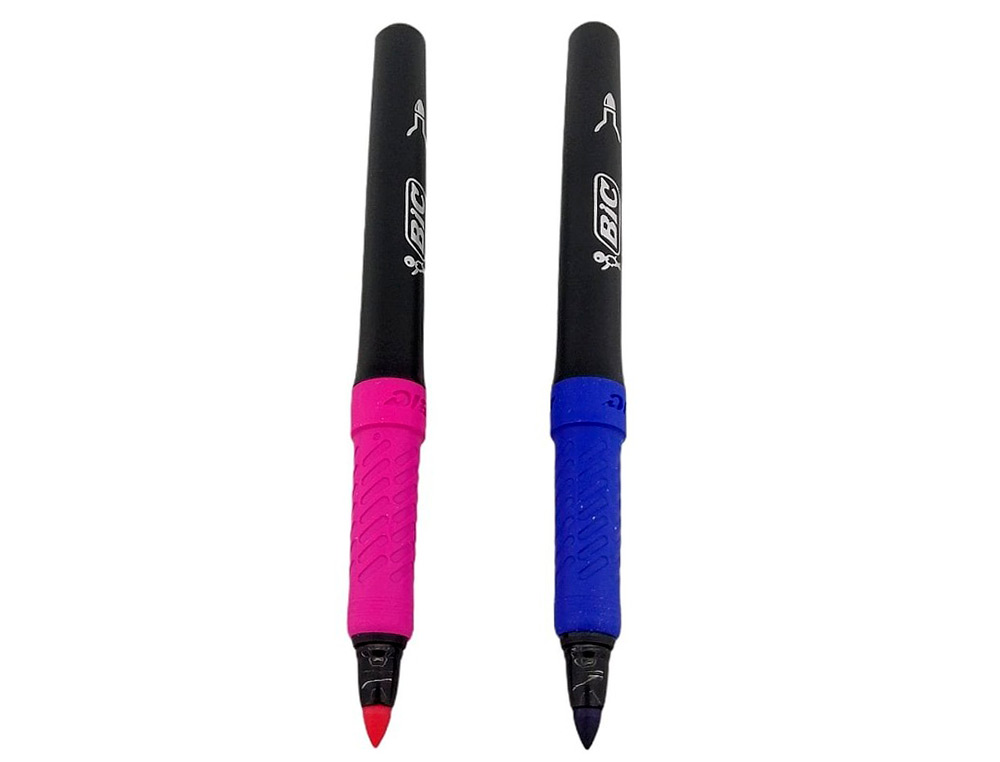 12 FEUTRES BIC CORPS NOIR GRIP CAOUTCHOUC CAPUCHON VENTILE COULEUR DE L'ENCRE