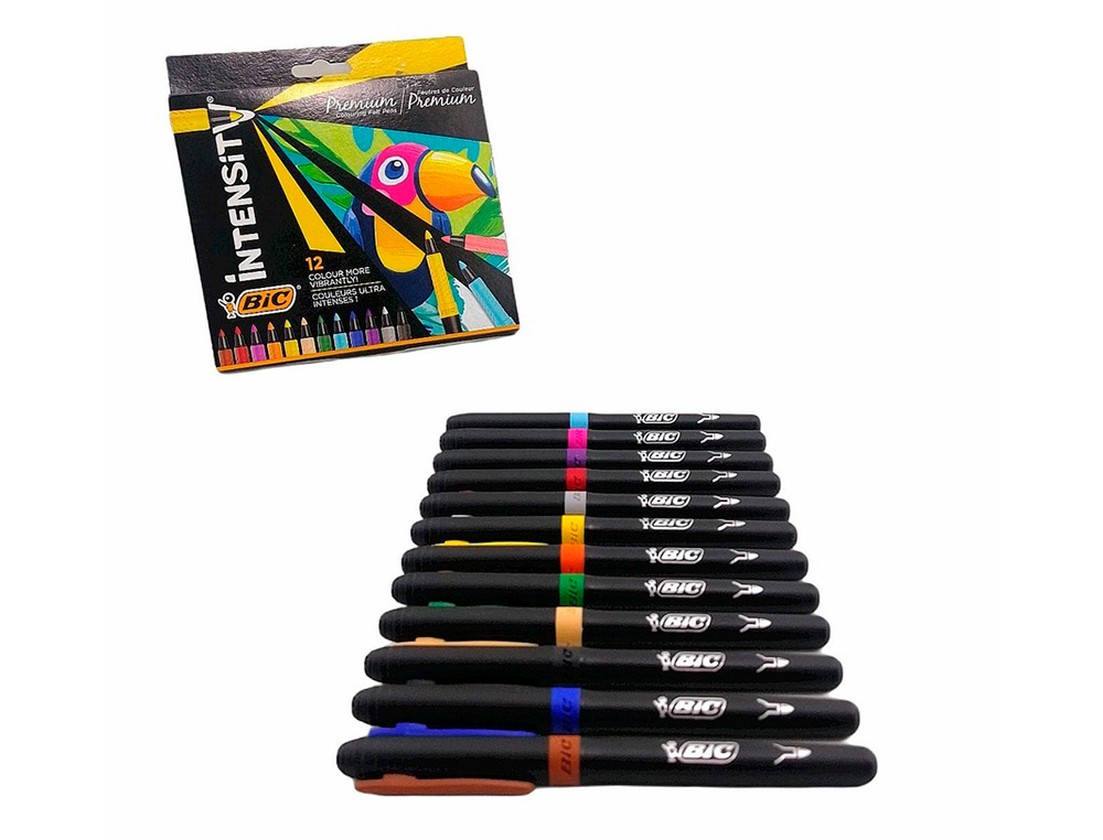 12 FEUTRES BIC CORPS NOIR GRIP CAOUTCHOUC CAPUCHON VENTILE COULEUR DE L'ENCRE
