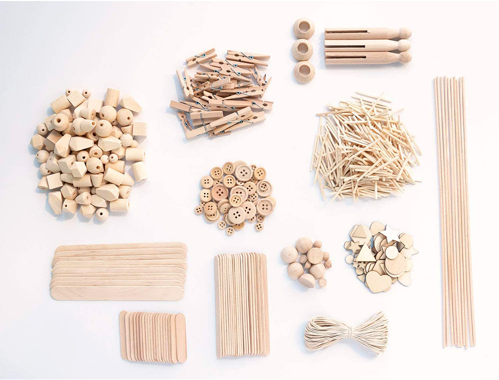 BOITE CREATIVE WOOD FOLIA PERLES EN BOIS PINCES         ALLUMETTES BATONNETS BOUTONS  CERTIFIE FSC ASSORTIMENT 500