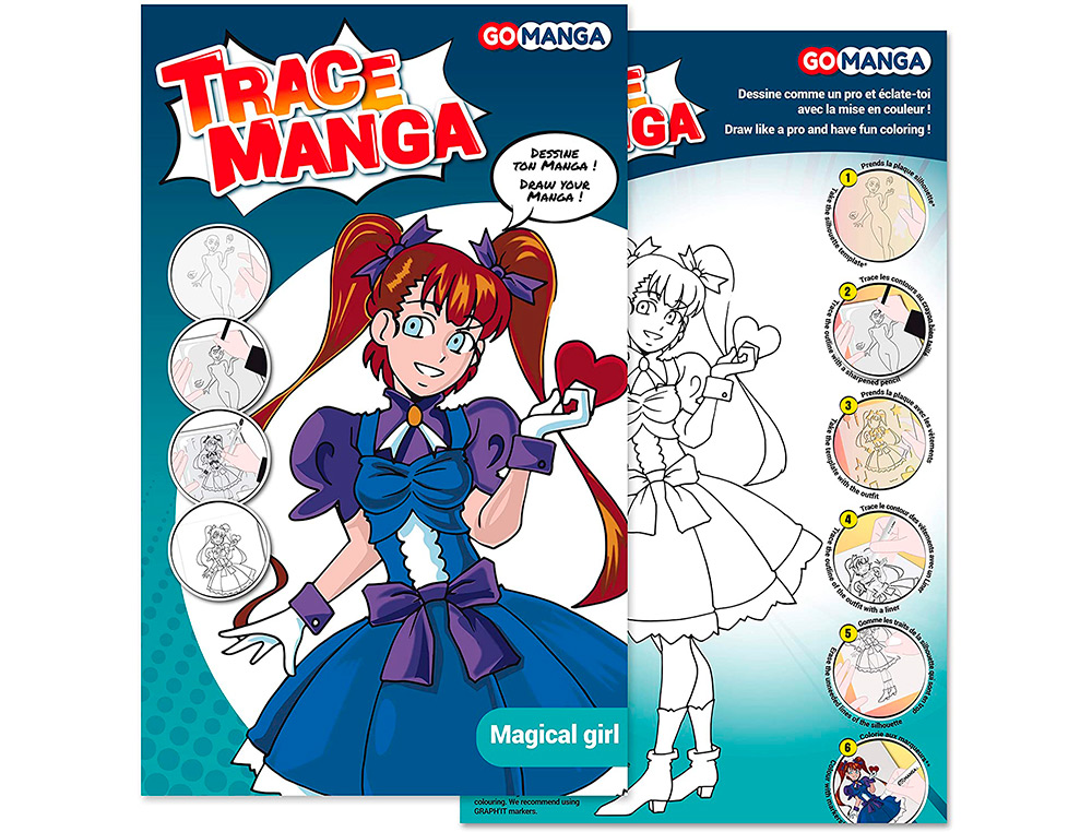 TRACE-MANGA GO MANGA 2 POCHOIRS SILHOUETTE A TRACER  TENUE VESTIMENTAIRE ET        ACCESSOIRES MODELE FILLE