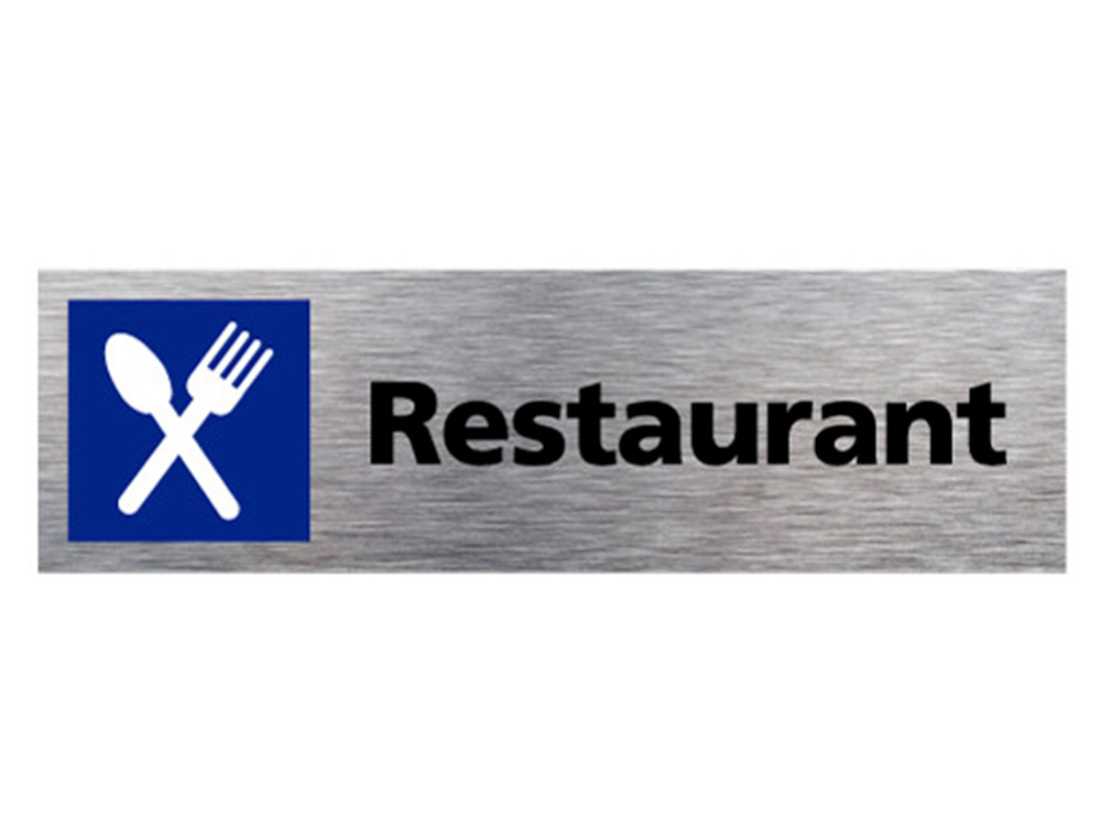PLAQUE DE PORTE RESTAURANT SIGNALETIQUE BIZ PICTOGRAMME  EN ALUMINIUM BROSSE DOUBLE    FACE AUTOCOLLANT DOS 170X50MM