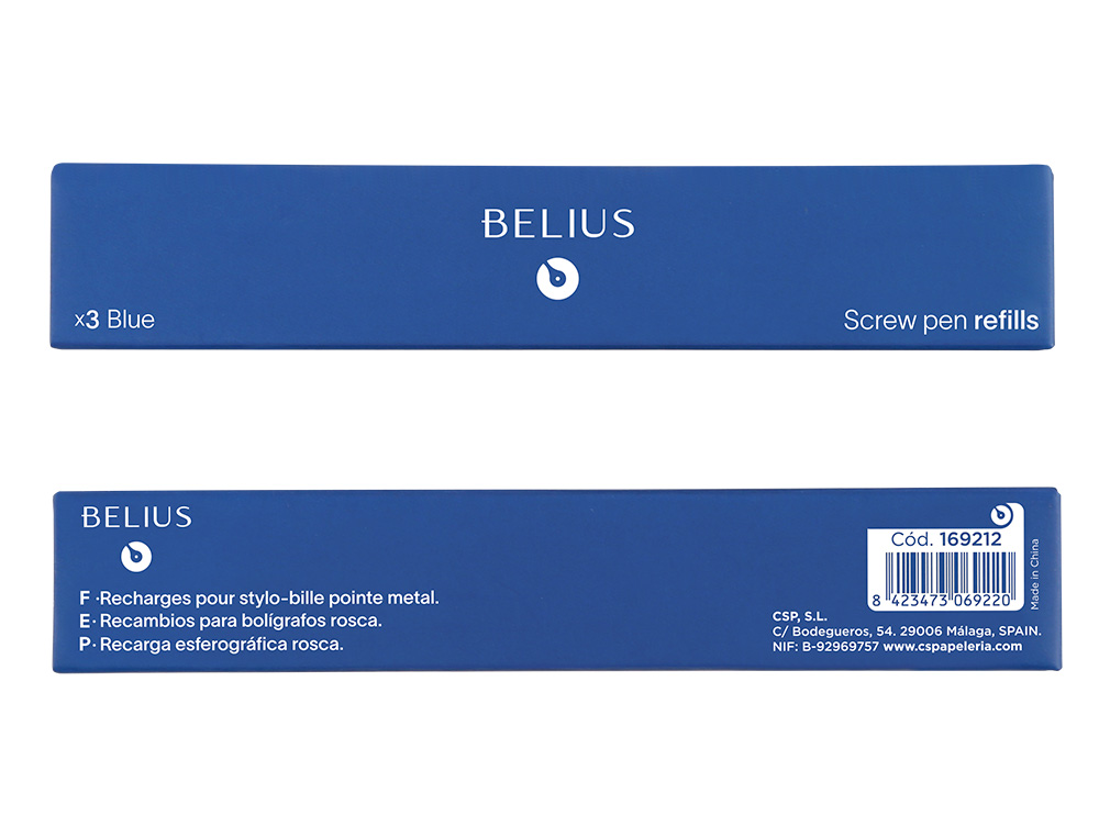 RECHARGE STYLO-BILLE BELIUS ENCRE COLORIS BLEUE BOITE 3   UNITES