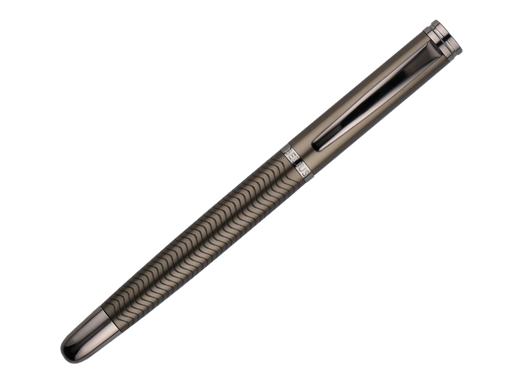 STYLO-BILLE BELIUS NEPTUNO ALUMINIUM TEXTURE ONDULEE ATTRIBUTS GUN ENCRE BLEUE COLORIS KAKI DANS COFFRET CADEAU