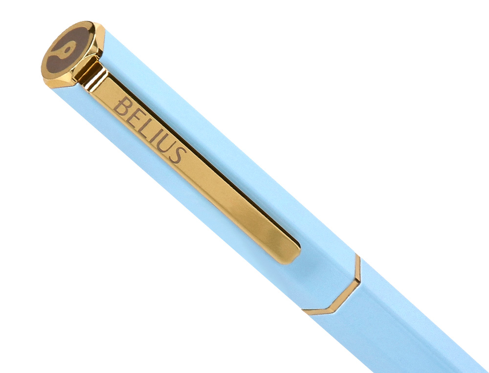 STYLO-BILLE BELIUS MACARON BLISS HEXAGONAL ALUMINIUM DETAILS ET ATTRIBUTS OR ENCRE BLEUE COLORIS BLEU COFFRET CADEAU
