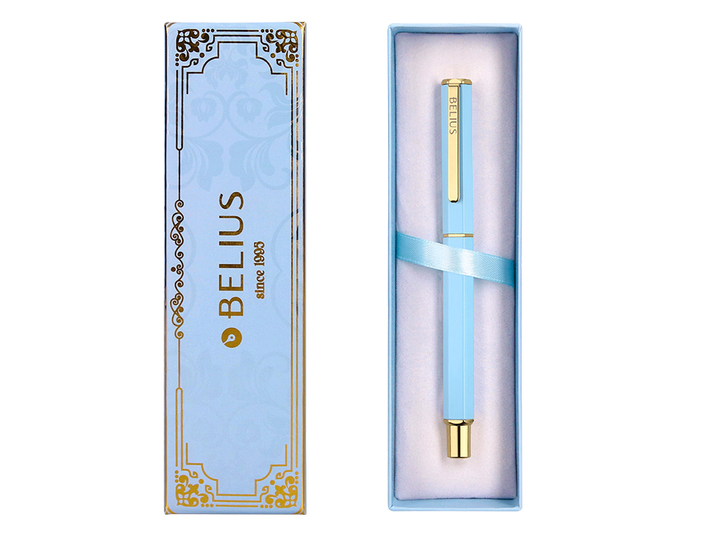 STYLO-BILLE BELIUS MACARON BLISS HEXAGONAL ALUMINIUM DETAILS ET ATTRIBUTS OR ENCRE BLEUE COLORIS BLEU COFFRET CADEAU