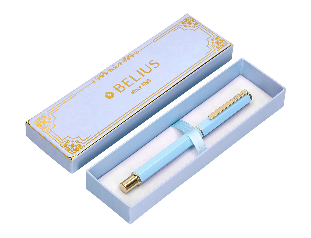 STYLO-BILLE BELIUS MACARON BLISS HEXAGONAL ALUMINIUM DETAILS ET ATTRIBUTS OR ENCRE BLEUE COLORIS BLEU COFFRET CADEAU