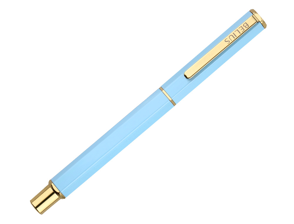 STYLO-BILLE BELIUS MACARON BLISS HEXAGONAL ALUMINIUM DETAILS ET ATTRIBUTS OR ENCRE BLEUE COLORIS BLEU COFFRET CADEAU